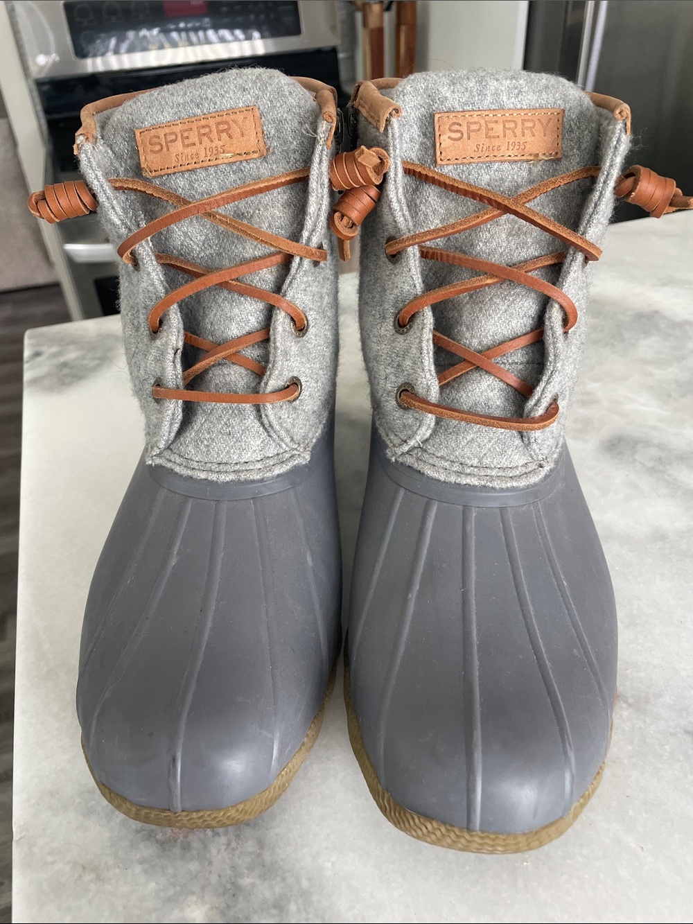 Sperry Gray and Tan Wool-Collar Duck Boots